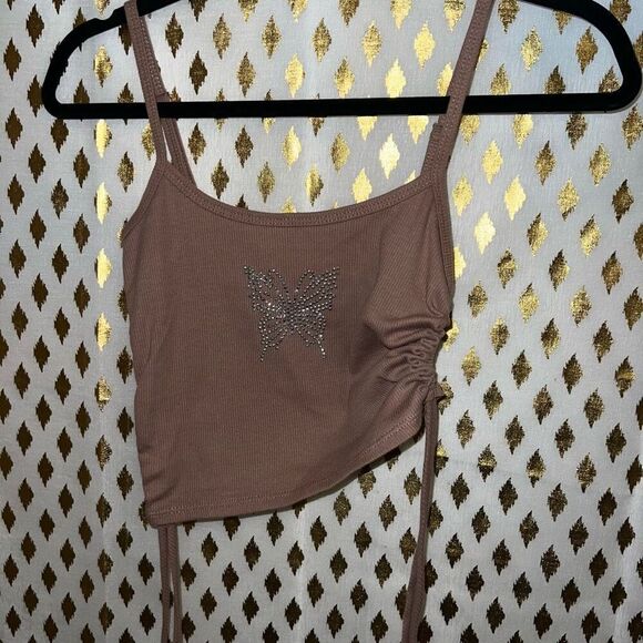 Y2K rhinestone butterfly brown strappy crop top full tilt size S - Picture 2 of 4